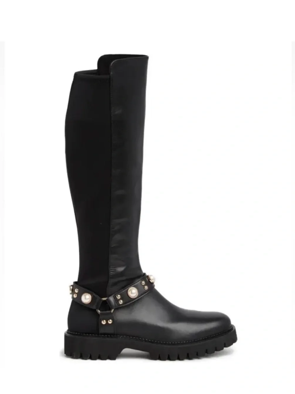 Bougie Black Pearl-Studded Karl Lagerfeld Leather Knee-High Combat Boots - NEW 8